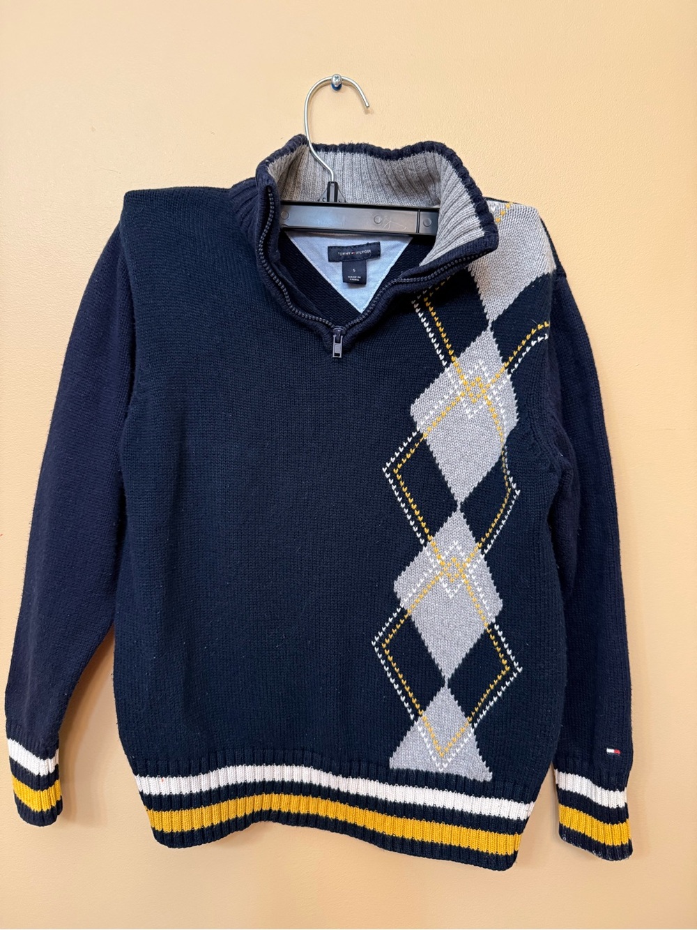 Tommy Hilfiger Navy Argyle Quarter-Zip Sweater with Gray & Yellow Accents